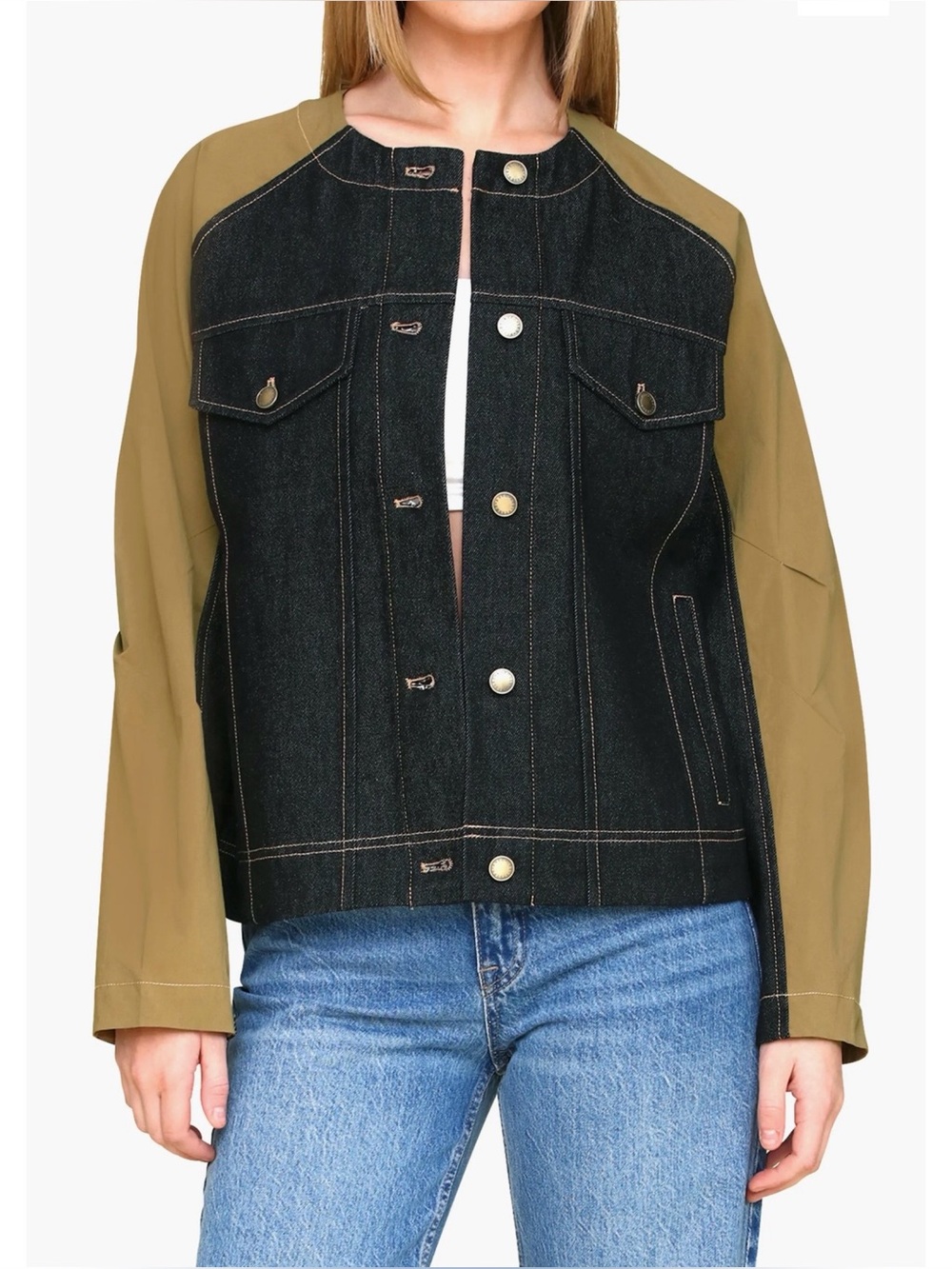 NWT Avec Les Files Mixed Media Denim Bomber Oversized Jacket XS